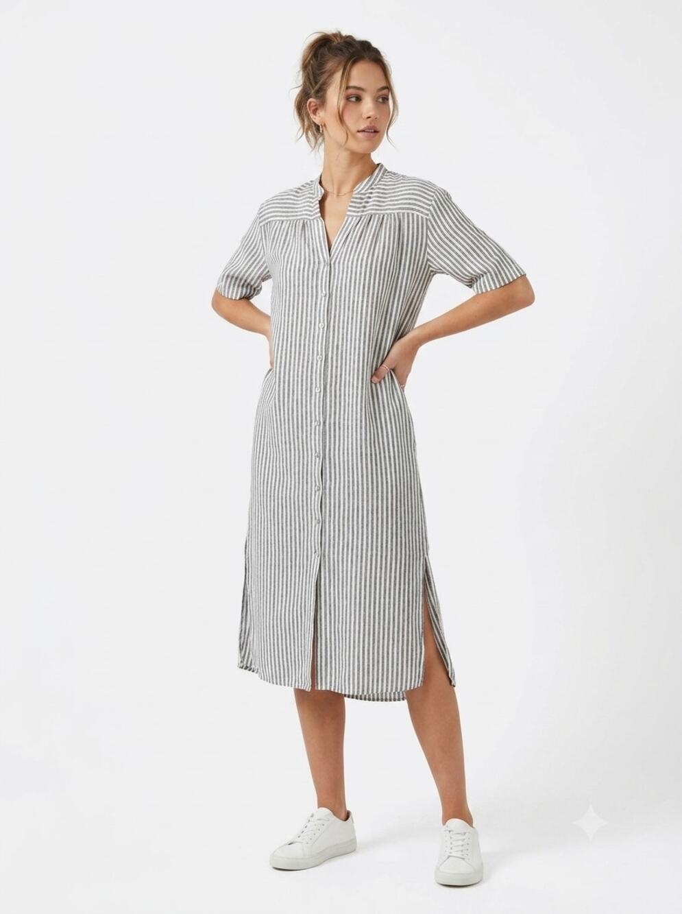 FRAME Shirt Dress Womens XS Off White Multi Short Sleeve Button Front Slit Hem